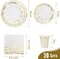210-piece party supplies set, featuring white and gold dot paper plates, cups, napkins, and heavy-duty silverware. This set is designed to serve 30 guests, making it perfect for birthdays, graduations, weddings, and festivals, adding an elegant touch